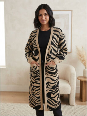 NEW Boutique Animal Print Knit Long Cardigan Sweater Pockets Zebra Black Combo